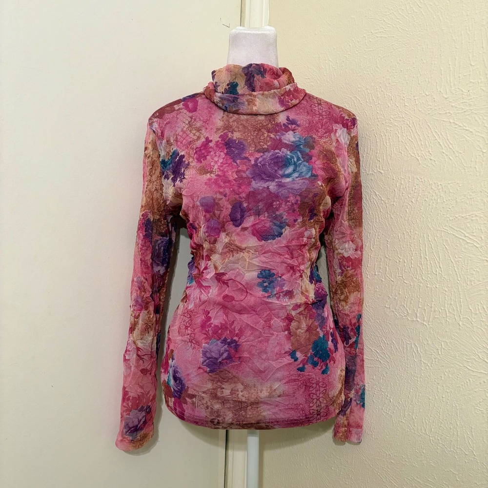 Pink Floral Sheer Mesh Glitter Turtleneck Long Sleeve Top Y2K Fairycore Girly L